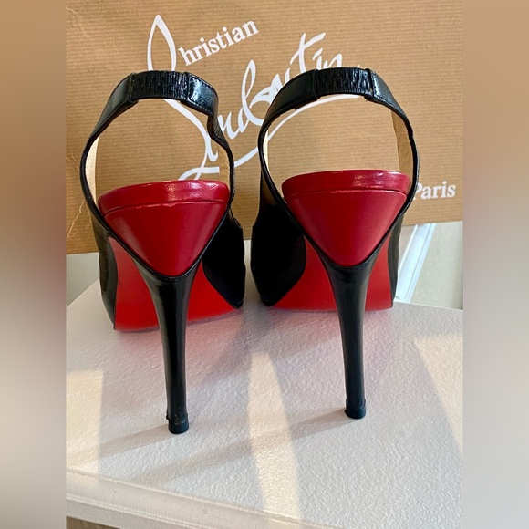 🔥 Christian Louboutin Black Leather Platform Peep Toe Heels Pumps Shoes 🔥 - Picture 6 of 10